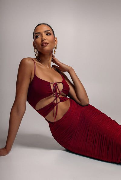 Wine - Goddiva Cut Out Ruched Midi With Drawstring - Wine