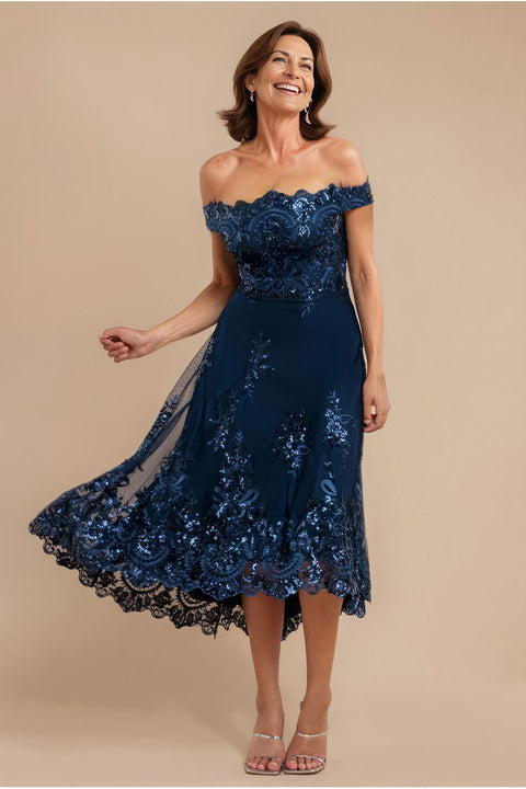 Goddiva Bardot Sequin & Lace High Low Midi - Navy Blue