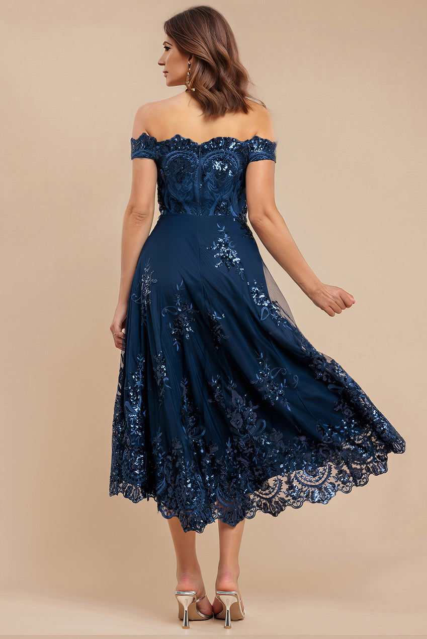Goddiva Bardot Sequin & Lace High Low Midi - Navy Blue