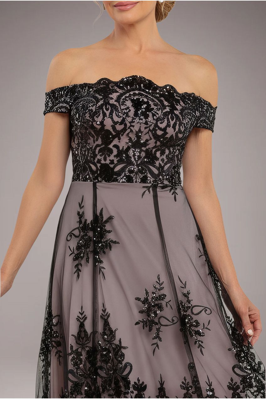 Goddiva Bardot Sequin & Lace High Low Midi - Black