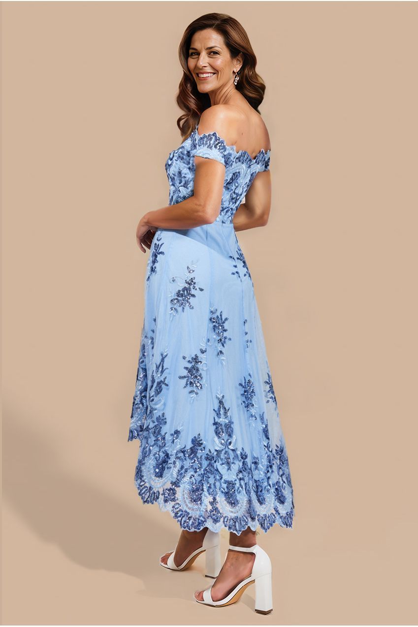 Goddiva Bardot Sequin & Lace High Low Midi - Blue