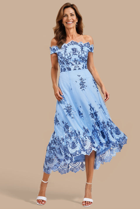 Goddiva Bardot Sequin & Lace High Low Midi - Blue