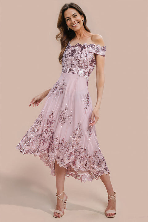 Goddiva Bardot Sequin & Lace High Low Midi - Blush Pink