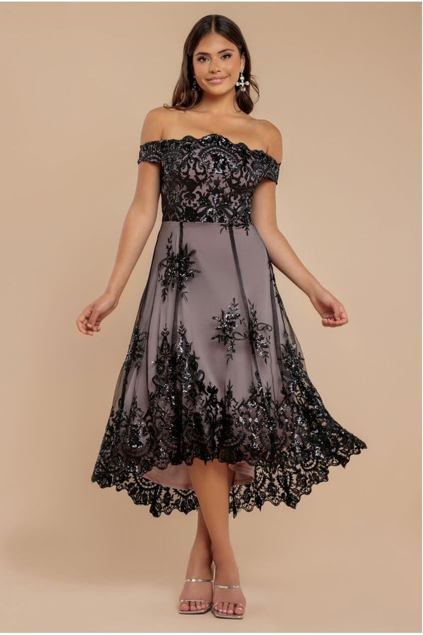 Goddiva Bardot Sequin & Lace High Low Midi - Black