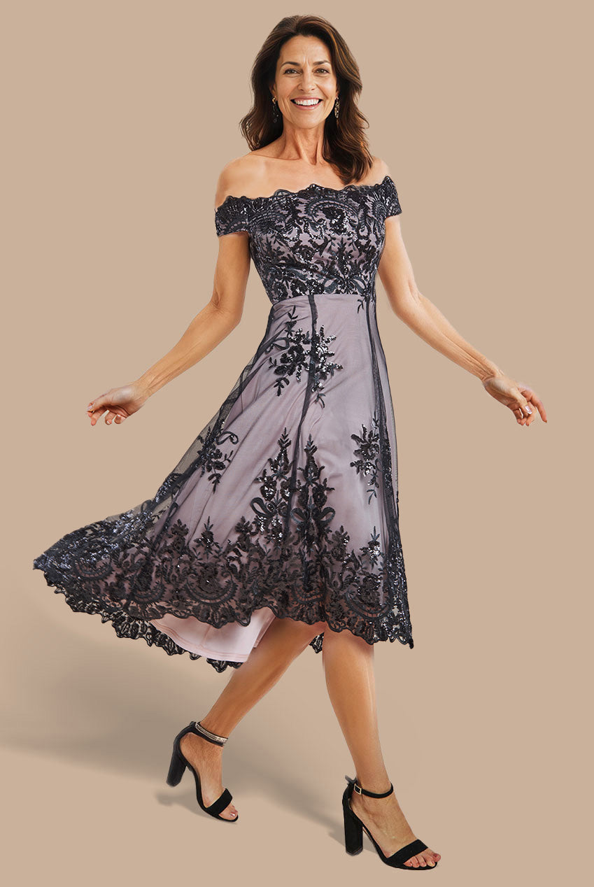 Goddiva Bardot Sequin & Lace High Low Midi - Black