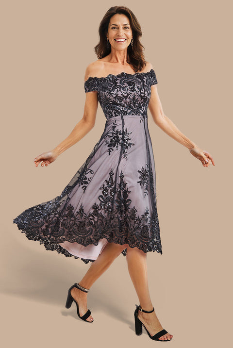 Goddiva Bardot Sequin & Lace High Low Midi - Black