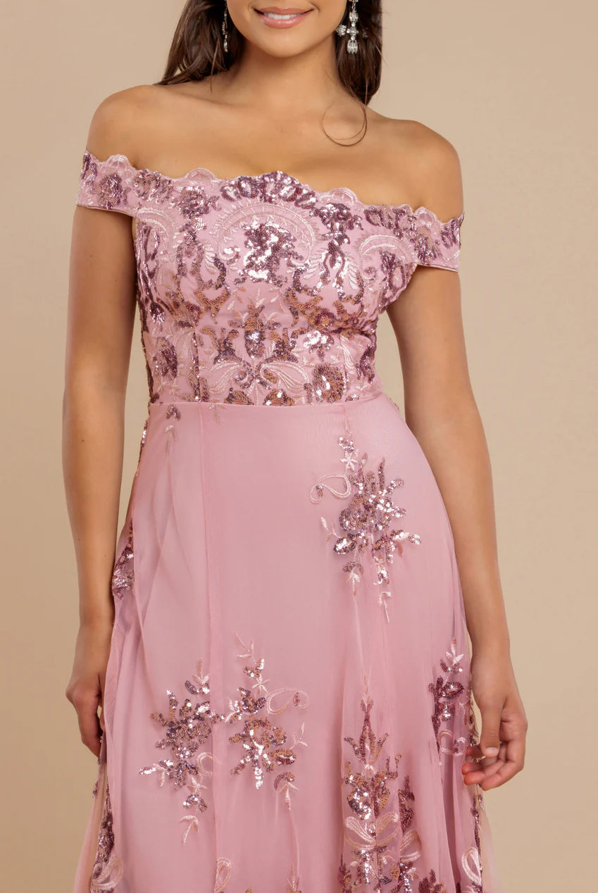 Goddiva Bardot Sequin & Lace High Low Midi - Blush