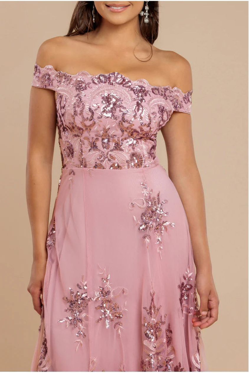 Goddiva Bardot Sequin & Lace High Low Midi - Blush