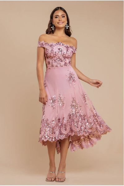 Blush - Goddiva Bardot Sequin & Lace High Low Midi - Blush