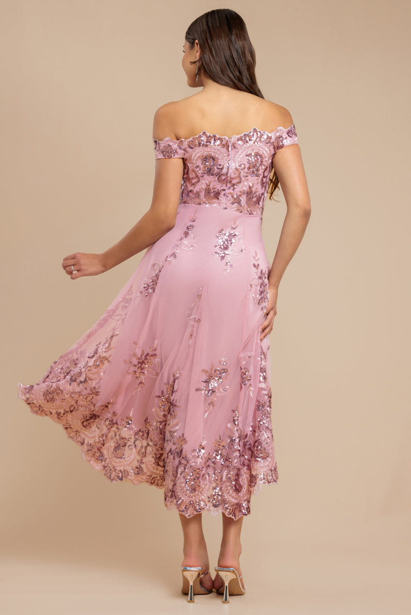 Goddiva Bardot Sequin & Lace High Low Midi - Blush