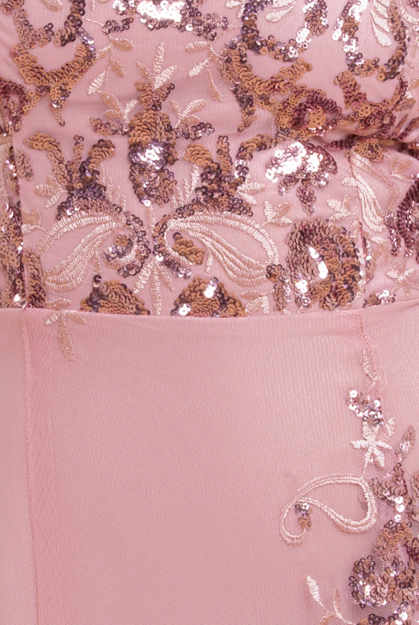 Goddiva Bardot Sequin & Lace High Low Midi - Blush