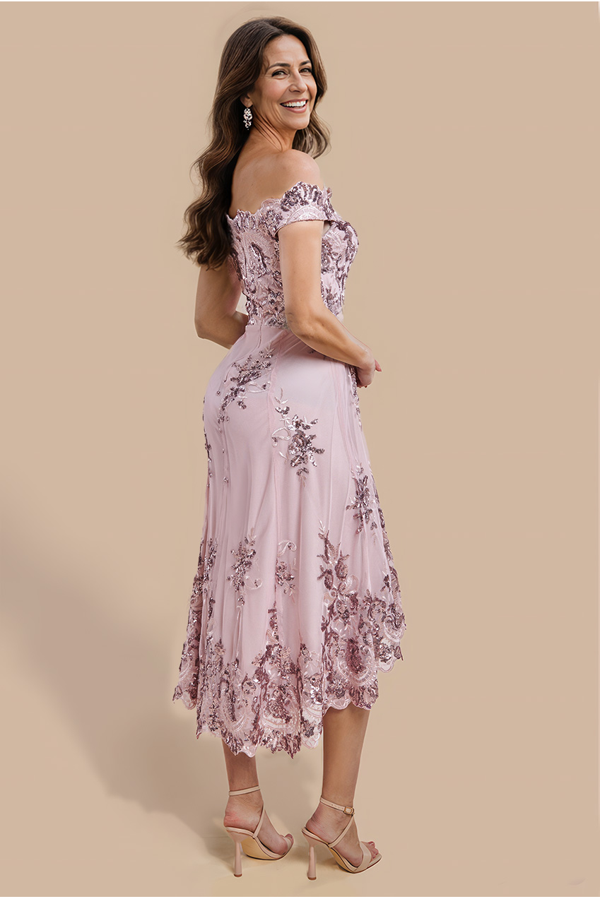 Goddiva Bardot Sequin & Lace High Low Midi - Blush Pink