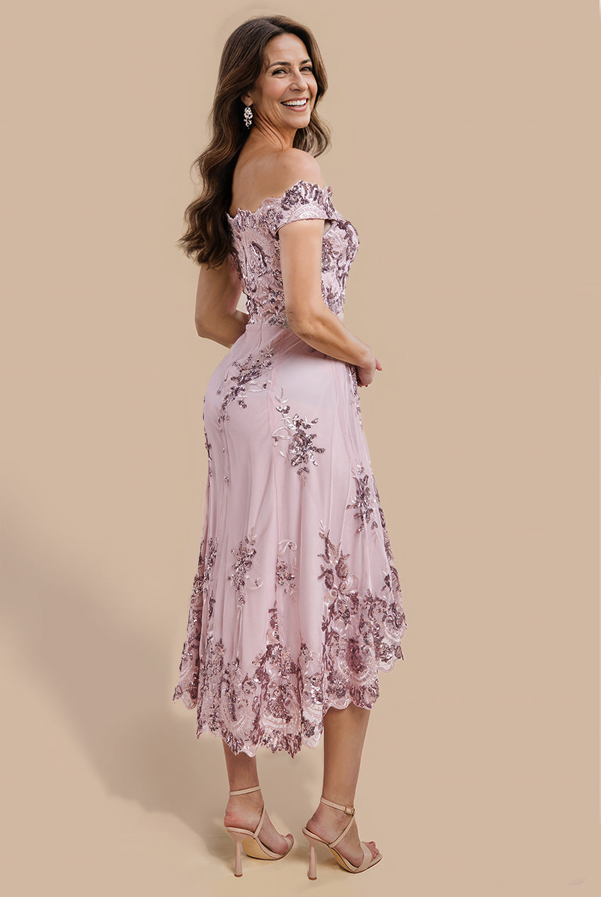 Goddiva Bardot Sequin & Lace High Low Midi - Blush Pink