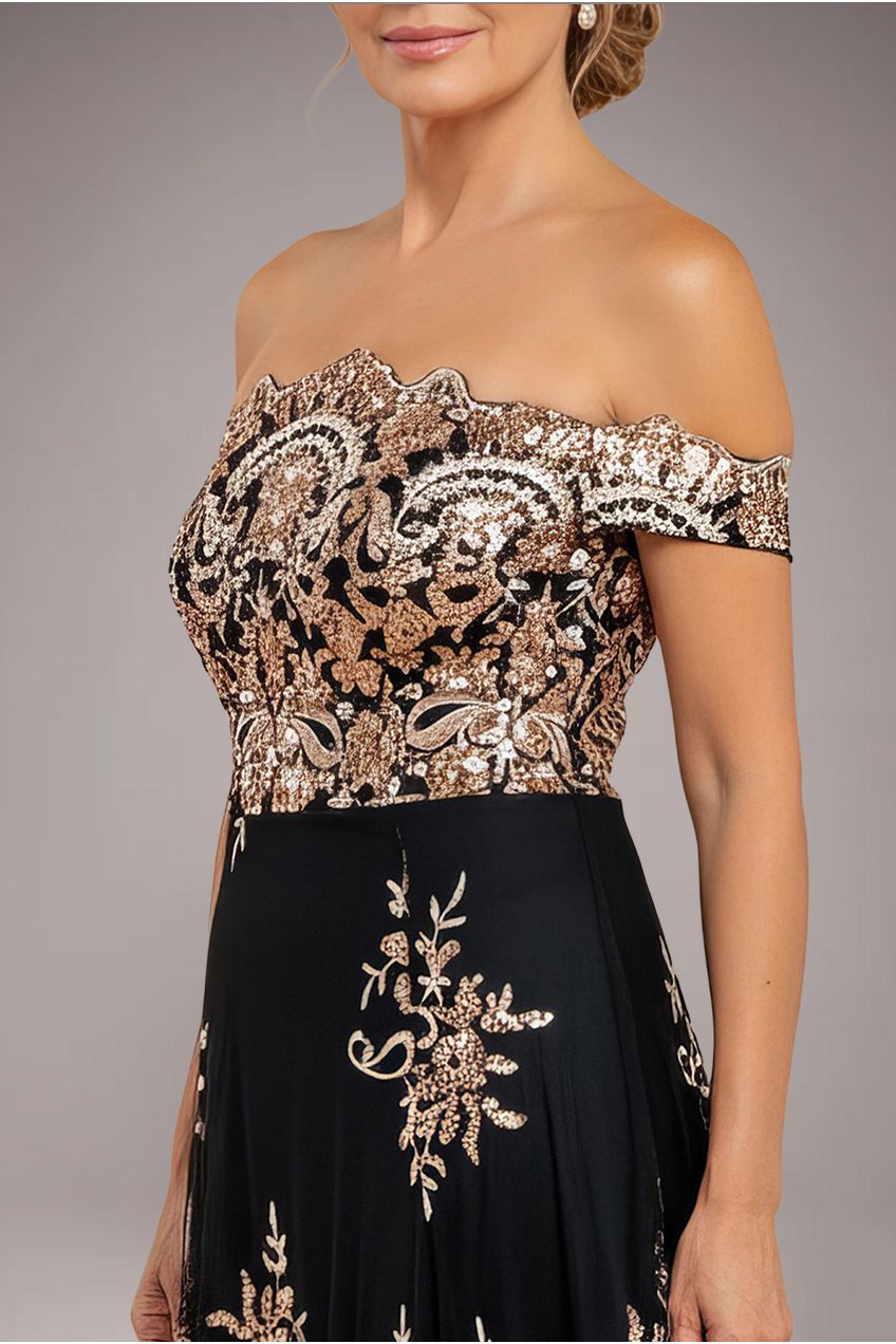 Goddiva Bardot Sequin & Lace High Low Midi - Champagne