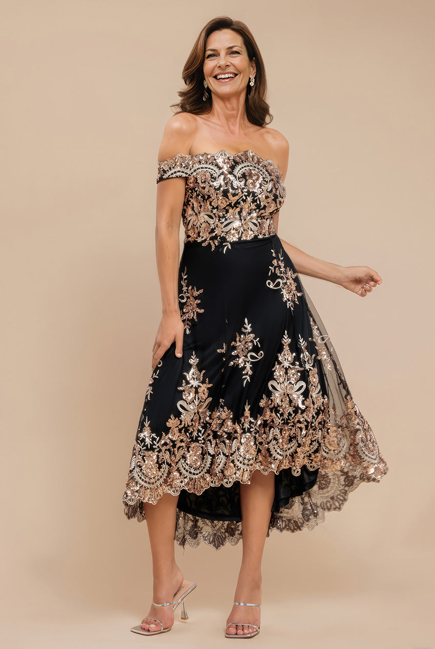 Goddiva Bardot Sequin & Lace High Low Midi - Champagne
