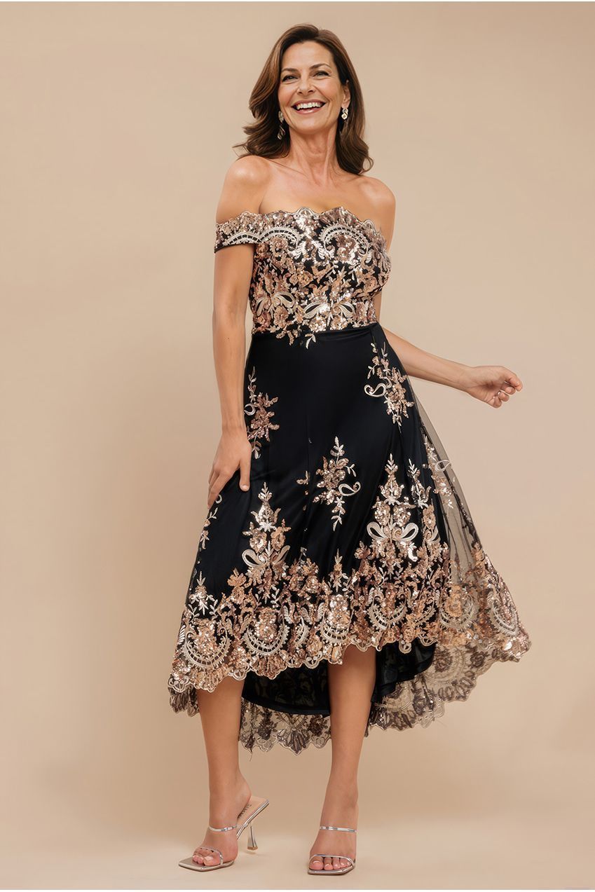 Goddiva Bardot Sequin & Lace High Low Midi - Champagne