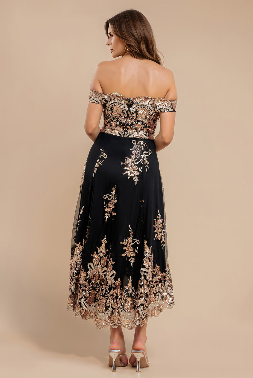 Goddiva Bardot Sequin & Lace High Low Midi - Champagne