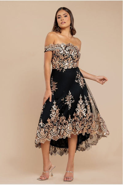 Champagne - Goddiva Bardot Sequin & Lace High Low Midi - Champagne