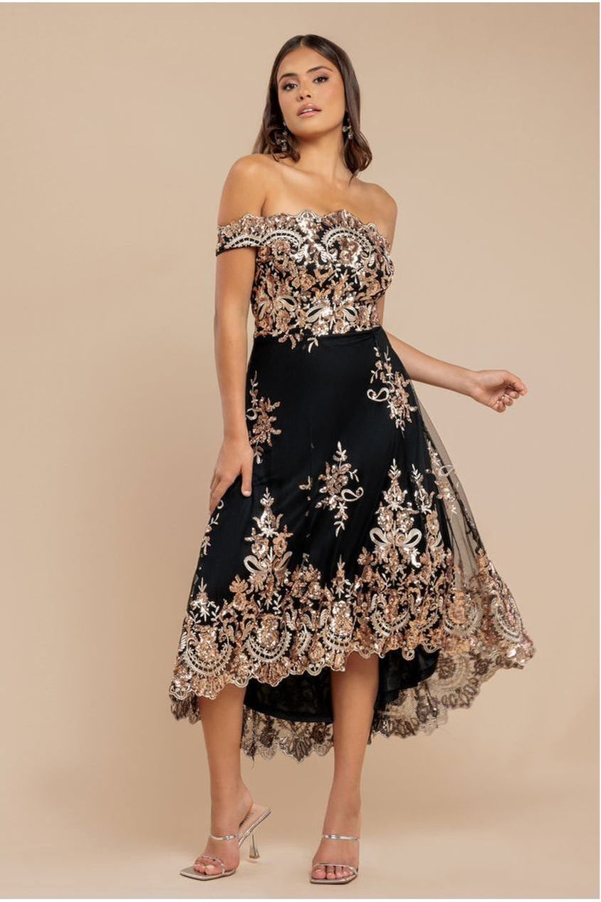 Goddiva Bardot Sequin & Lace High Low Midi - Champagne