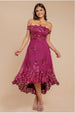 Goddiva Bardot Sequin & Lace High Low Midi - Magenta