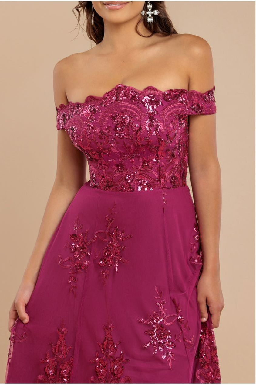 Goddiva Bardot Sequin & Lace High Low Midi - Magenta