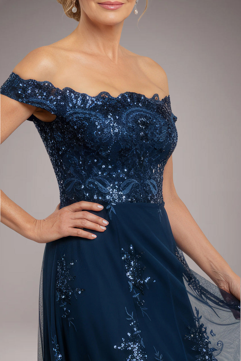 Goddiva Bardot Sequin & Lace High Low Midi - Navy Blue