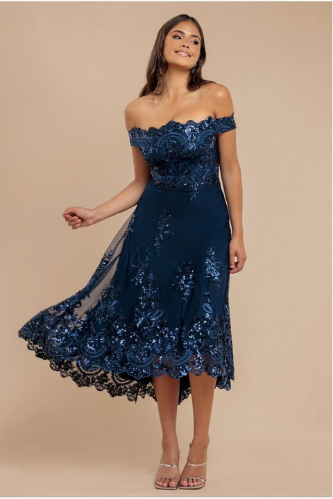 Goddiva Bardot Sequin & Lace High Low Midi - Navy
