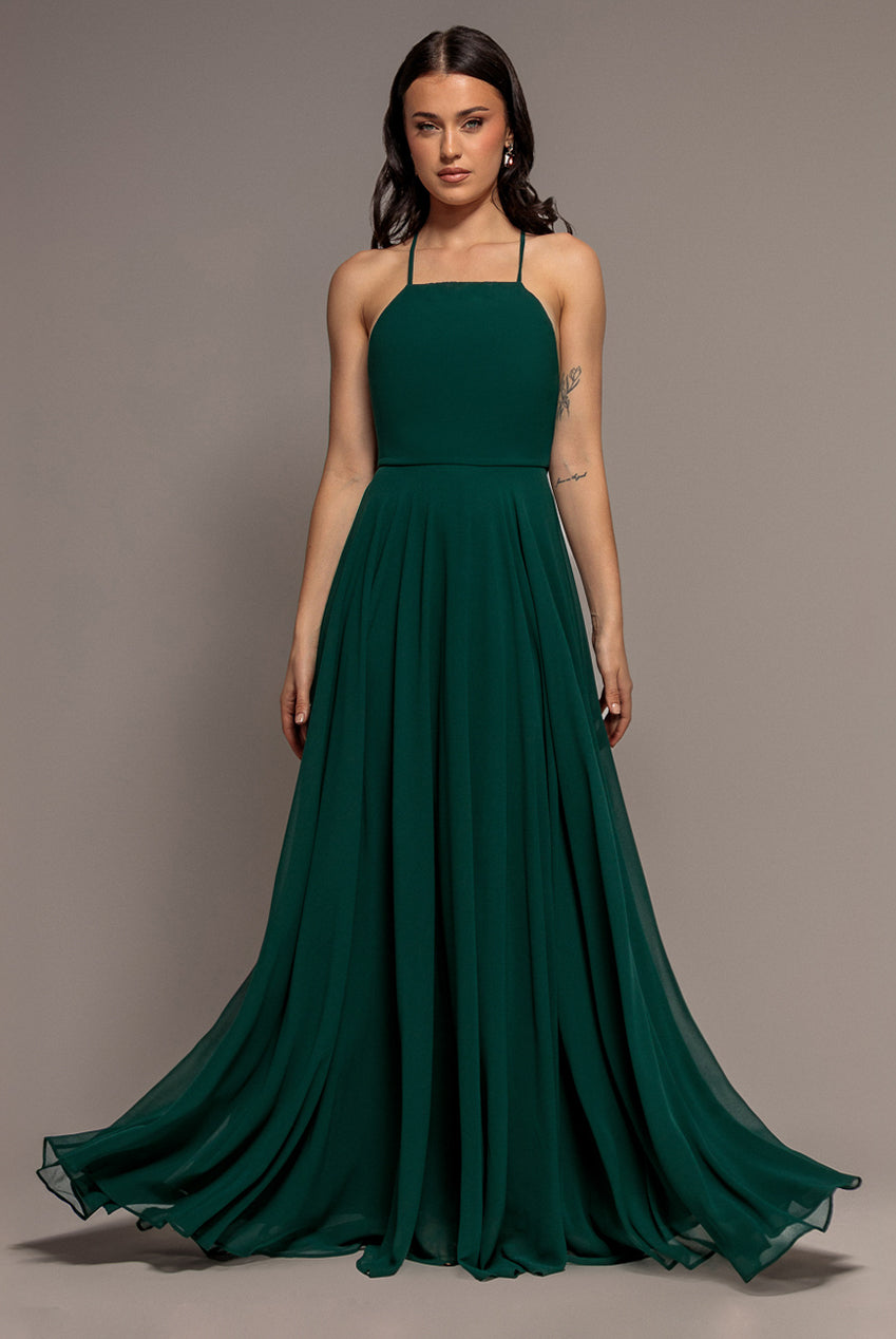 Goddiva Chiffon A Line Sleeveless Maxi Dress - Dark Green