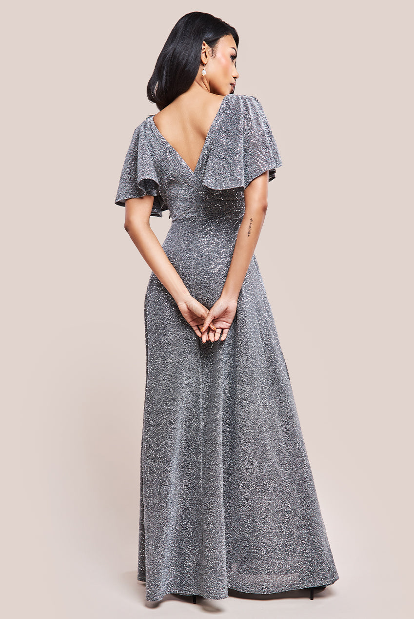 Goddiva Sequin Lurex Flutter Sleeve Maxi Dress - Silver