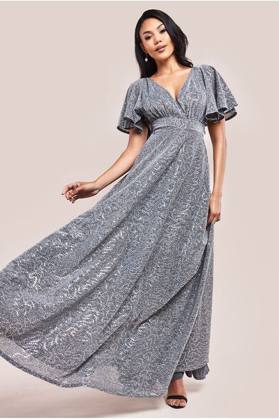Silver - Goddiva Sequin Lurex Flutter Sleeve Maxi Dress - Silver