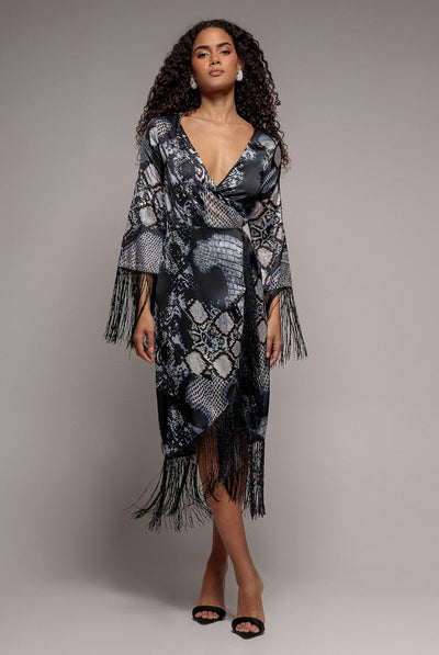 Black - Goddiva Foil Print Wrap Midi With Tassels - Black