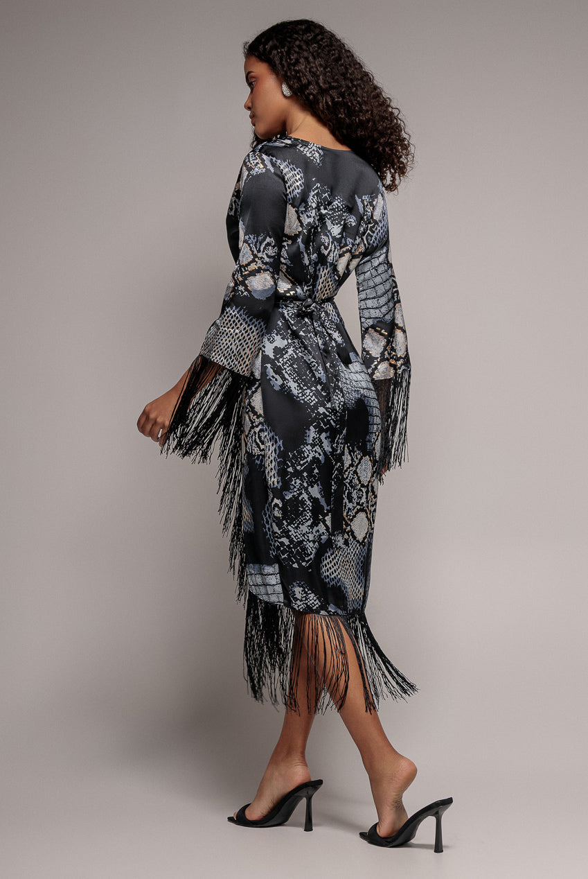 Goddiva Foil Print Wrap Midi With Tassels - Black