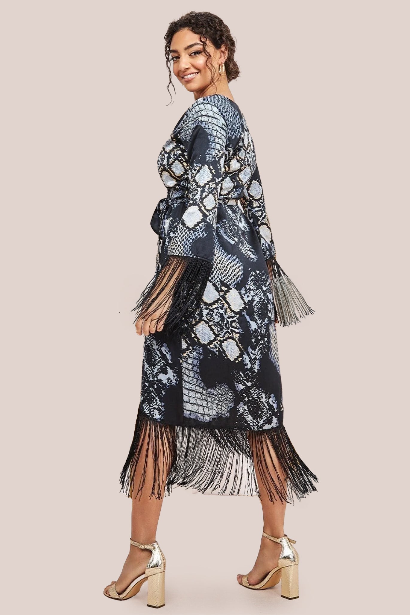 Goddiva Foil Print Wrap Midi With Tassels - Black