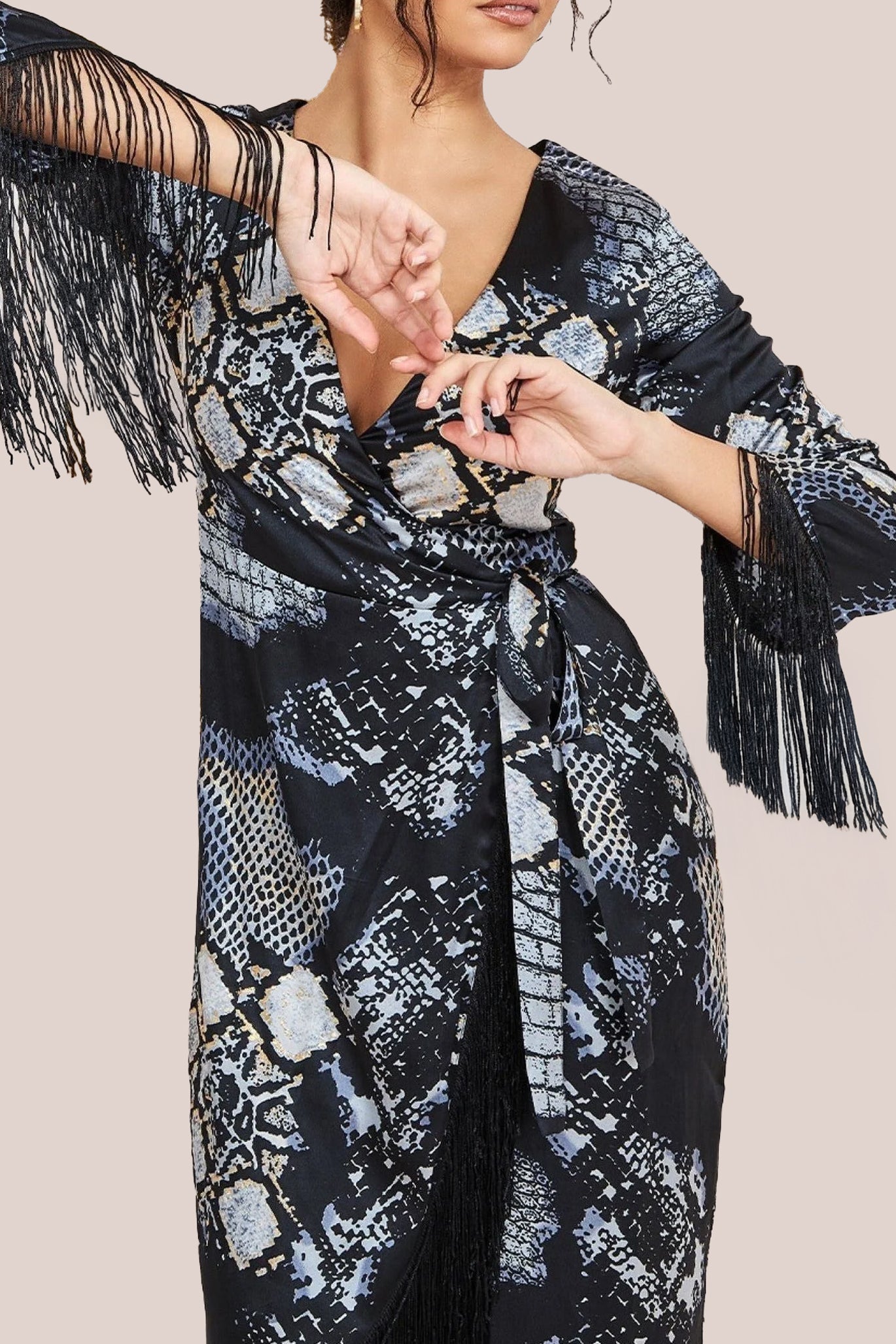 Goddiva Foil Print Wrap Midi With Tassels - Black