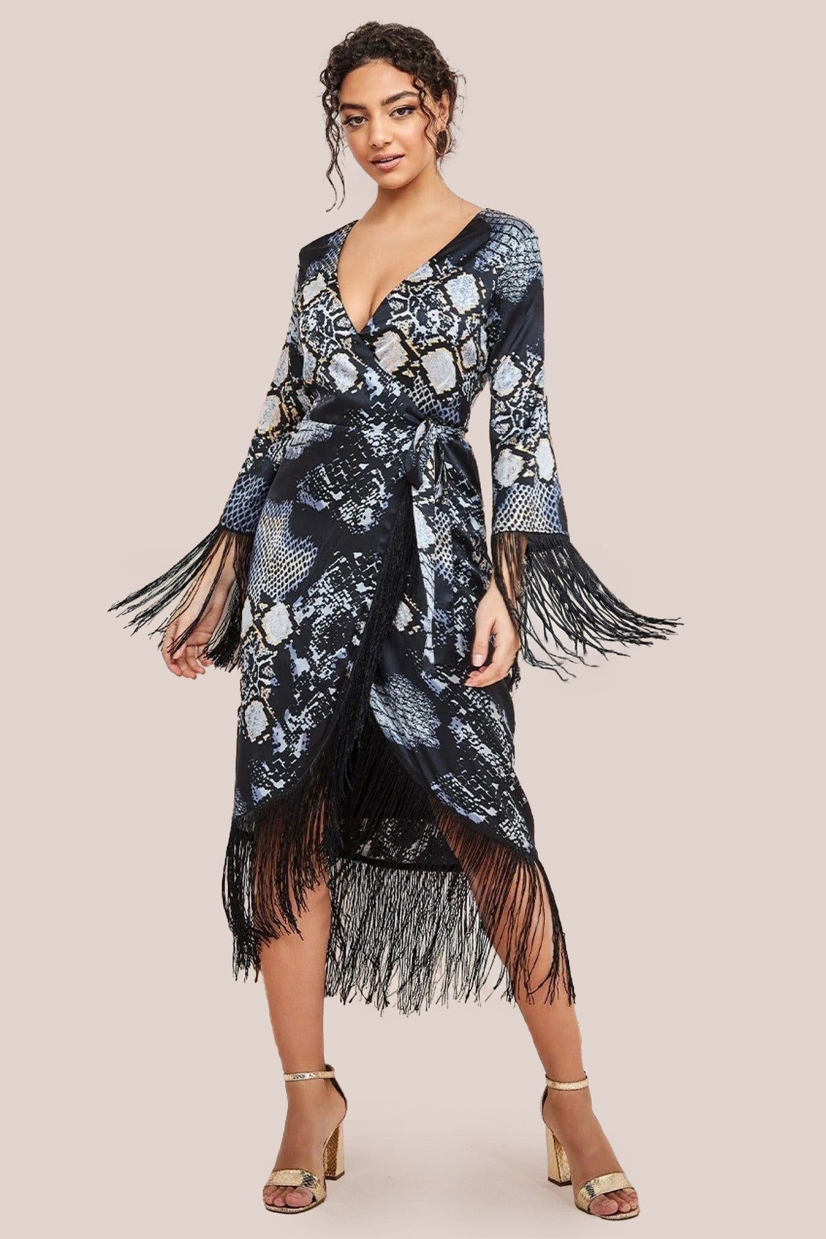 Goddiva Foil Print Wrap Midi With Tassels - Black