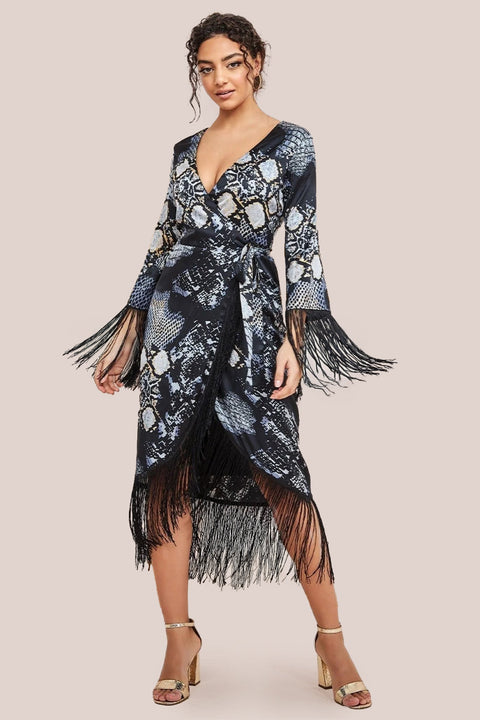 Goddiva Foil Print Wrap Midi With Tassels - Black