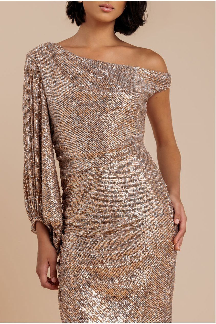 Goddiva One Shoulder Asymmetric Midi Dress - Champagne
