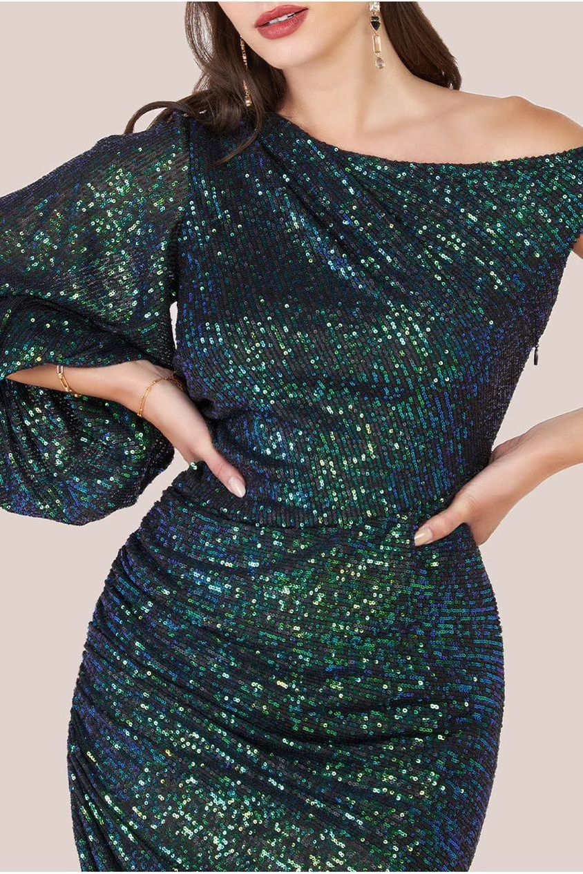 Goddiva One Shoulder Asymmetric Midi Dress - Emerald Green