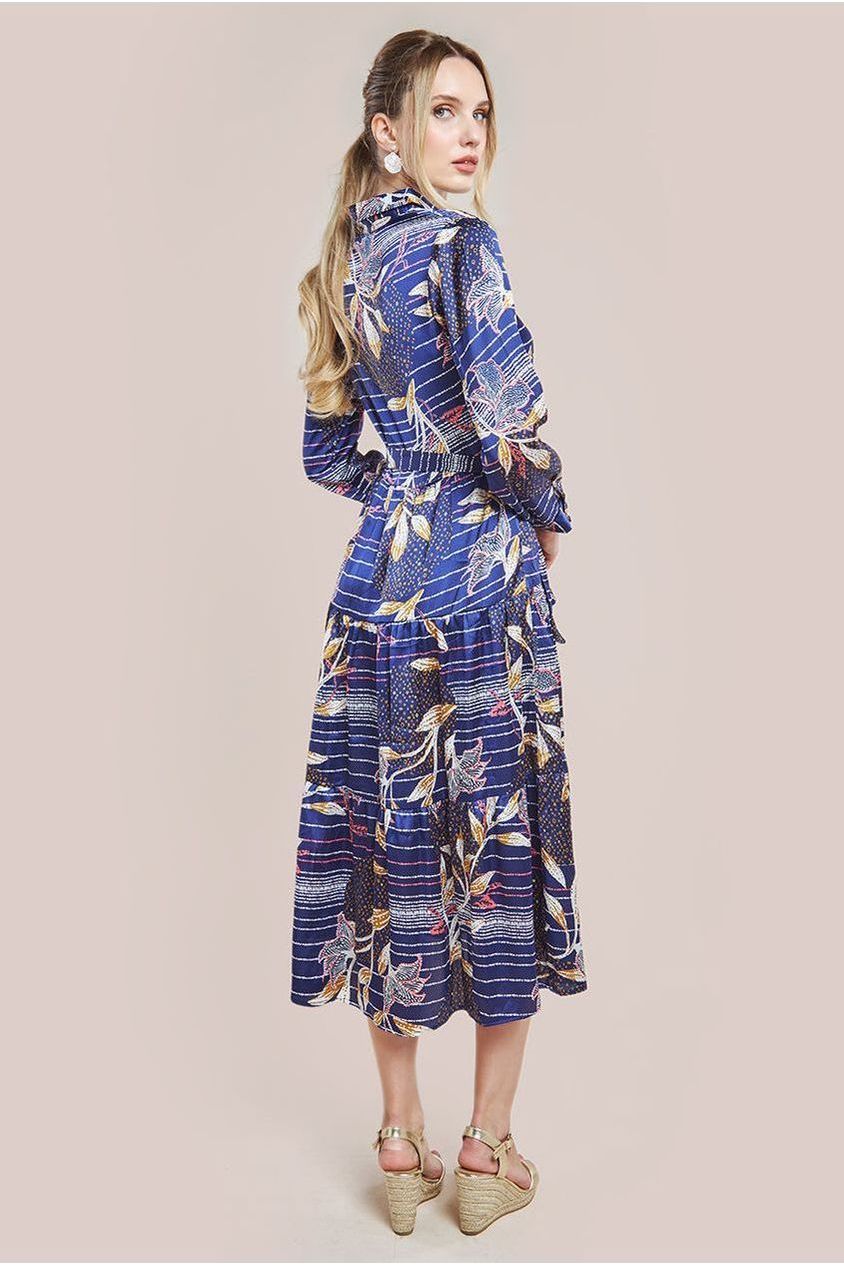 Goddiva Printed Tiered Shirt Midi Dress - Navy