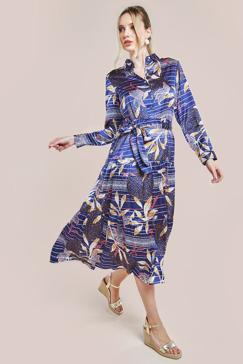 Goddiva Printed Tiered Shirt Midi Dress - Navy