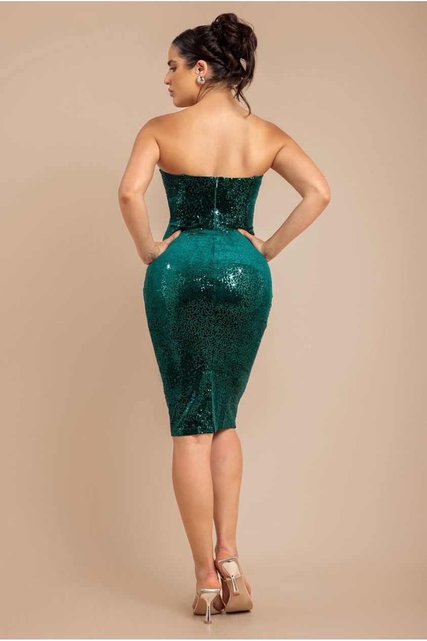 Goddiva Bandeau Sequin & Velvet Midi Dress - Emerald Green