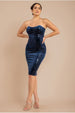 Goddiva Bandeau Sequin & Velvet Midi Dress - Navy