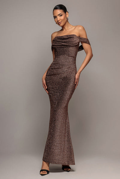 Bronze - Goddiva Lurex Cowl Neck Off The Shoulder Maxi Dress - Bronze