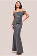 Goddiva Lurex Cowl Neck Off The Shoulder Maxi - Silver