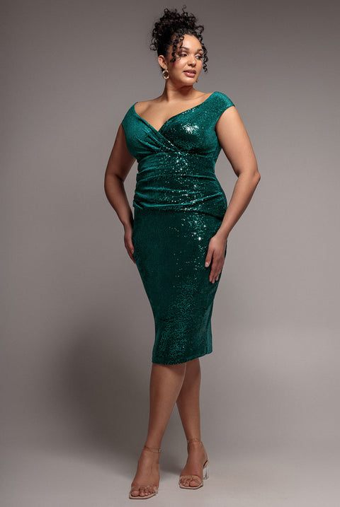 Goddiva Plus Sequin & Velvet Bardot Midi - Emerald Green