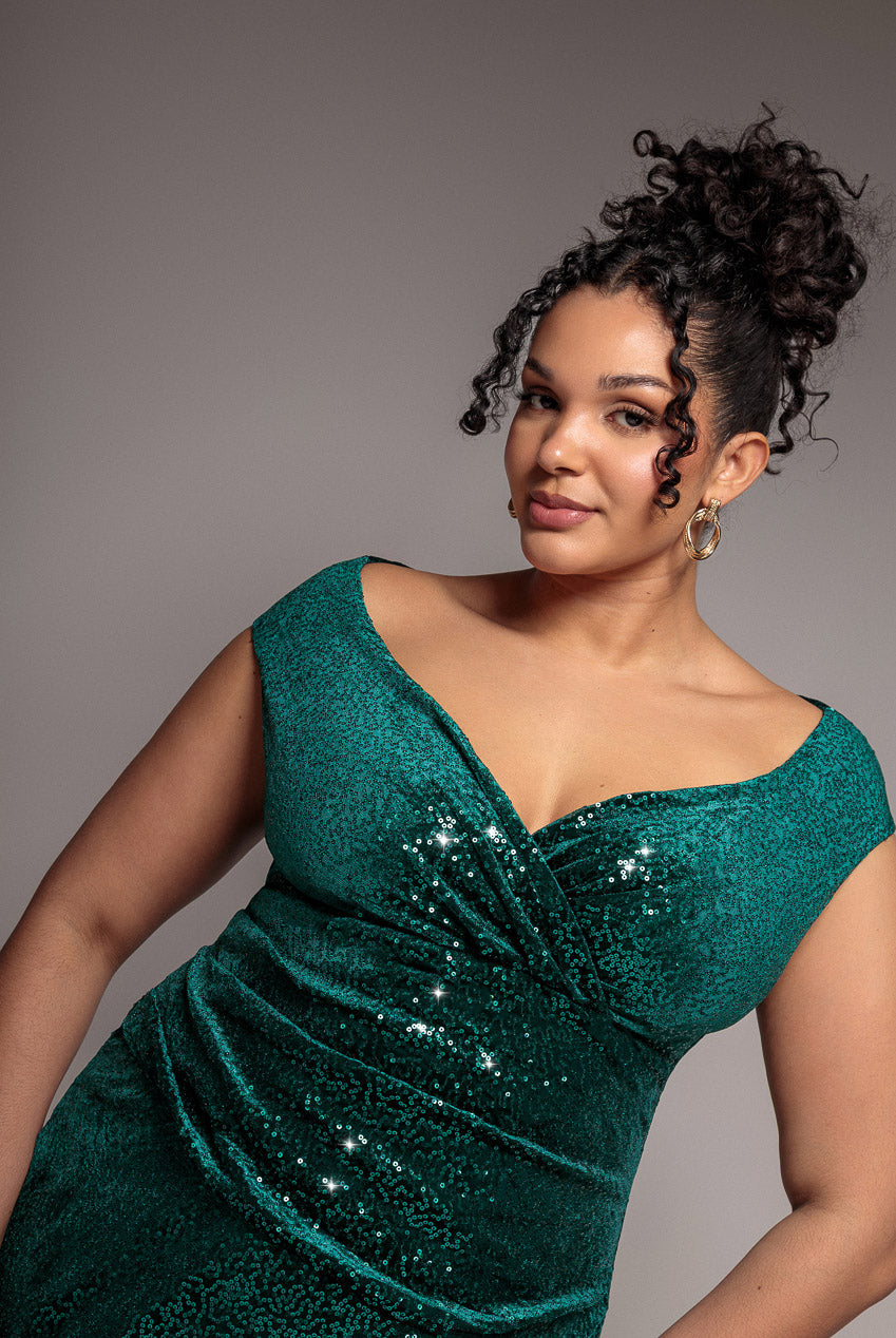 Goddiva Plus Sequin & Velvet Bardot Midi - Emerald Green