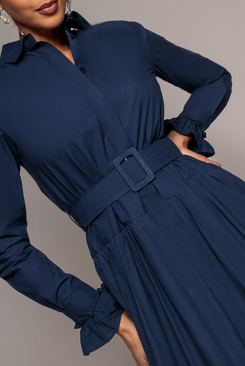 Goddiva Tiered Shirt Dress With Belt - Navy