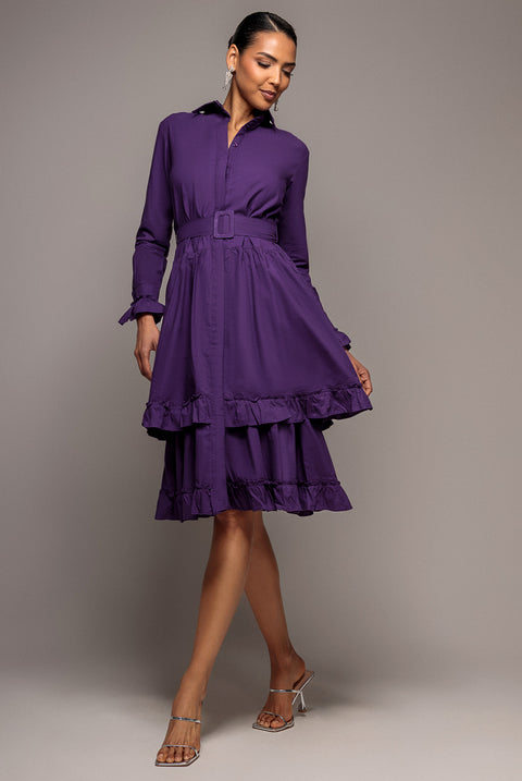 Goddiva Tiered Shirt Belted Long Sleeve Midi Dress - Purple