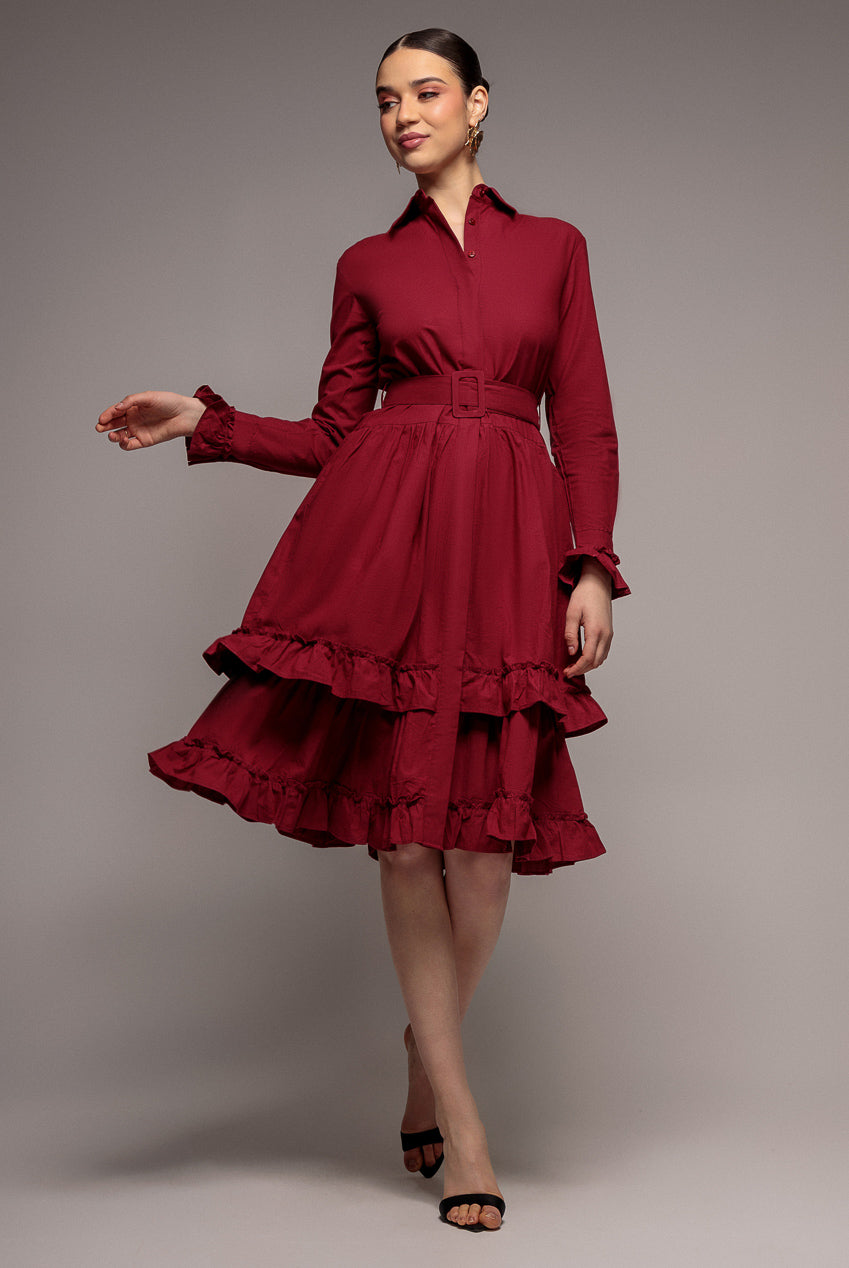 Goddiva Tiered Shirt Belted Long Sleeve Midi Dress - Wine