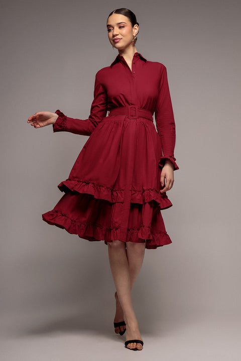Goddiva Tiered Shirt Belted Long Sleeve Midi Dress - Wine